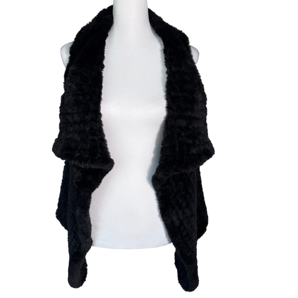 AMARYLLIS Women's XS SOFT Black Faux Fur Vest Open Front Draped Collar Layering